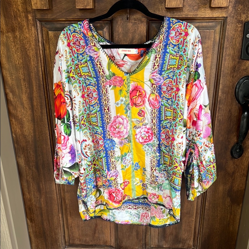 Johnny Was Yellow and Pink Graphic 3/4 Sleeve Blouse